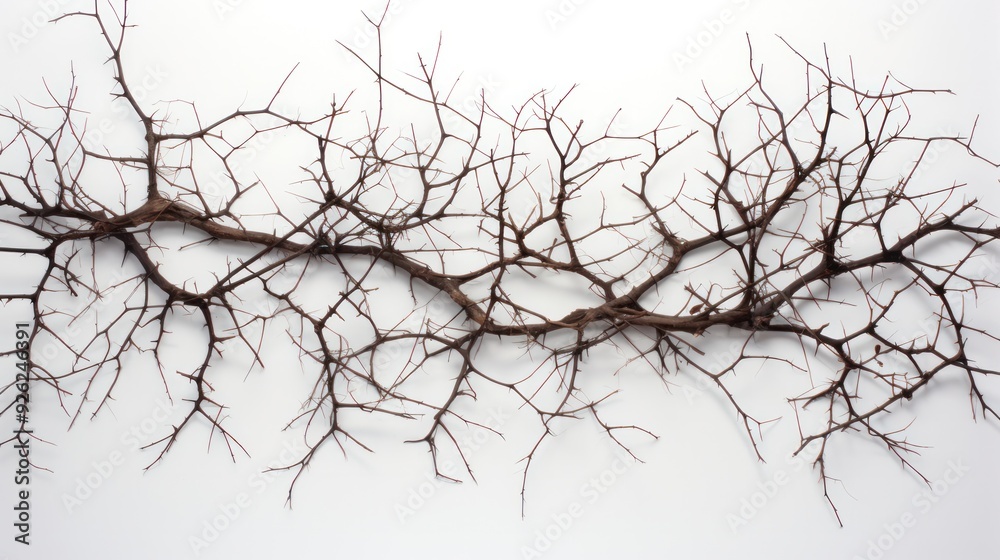 Abstract arrangement of thorny twigs and branches positioned randomly on a white background Abstract arrangement of thorny twigs and branches positioned randomly on a white background