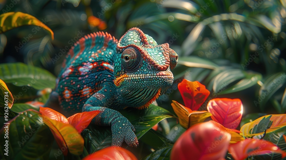 Obraz premium Colorful chameleon resting among vibrant tropical foliage in a lush rainforest setting