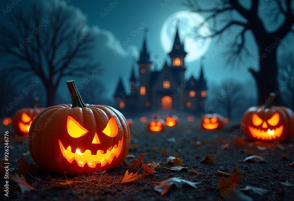 Eerie Halloween Scene: Dark Castle, Creepy Graveyard, and Lighted Jack-o'-Lanterns Eerie Halloween Scene: Dark Castle, Creepy Graveyard, and Lighted Jack-o'-Lanterns
