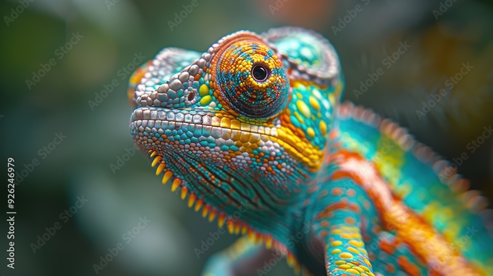 Obraz premium Colorful chameleon perched on a branch in a tropical forest during daylight