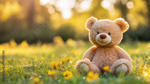A teddy bear is sitting in a field of yellow flowers