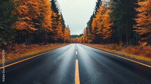 Scenic drive through autumnal pine forest, colorful foliage lining the road photo