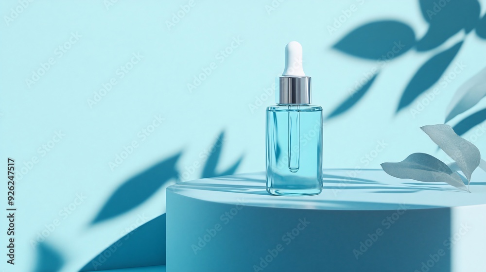 Elegant Cosmetic Serum Presentation on Light Blue Background Elegant Cosmetic Serum Presentation on Light Blue Background