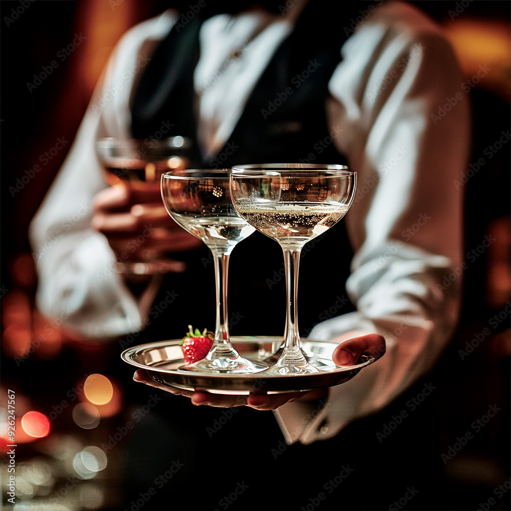 waiter with tray and champagne glasses in a restaurant waiter with tray and champagne glasses in a restaurant