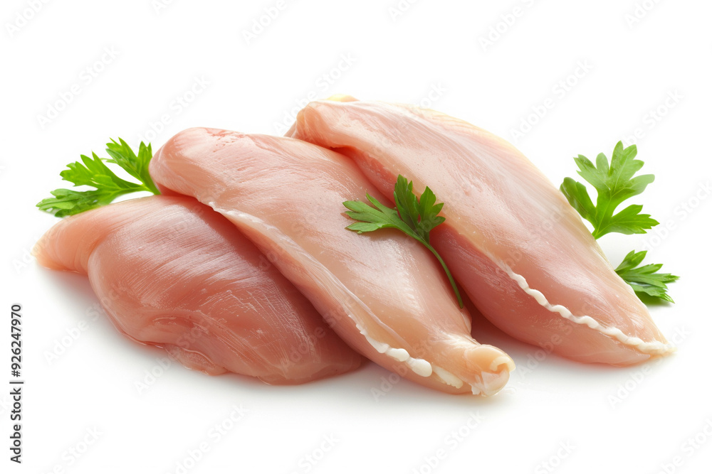 Three uncooked chicken breast fillets sit isolated with fresh parsley on white background Three uncooked chicken breast fillets sit isolated with fresh parsley on white background