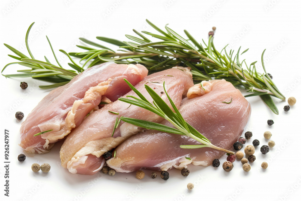 Three raw chicken breasts are placed with herbs and spices on isolated clean white background Three raw chicken breasts are placed with herbs and spices on isolated clean white background