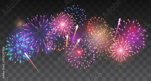 Vector decorative border with colorful exploding fireworks in the sky on transparent background - celebration card, festival banner