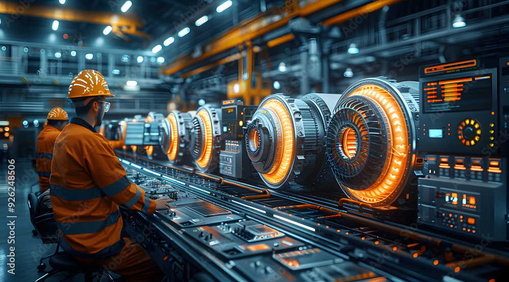 Futuristic Factory Interior with Workers 3D Illustration