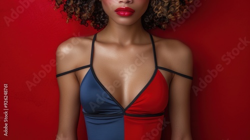 Fashion model poses against a vibrant red backdrop wearing a stylish two-tone outfit