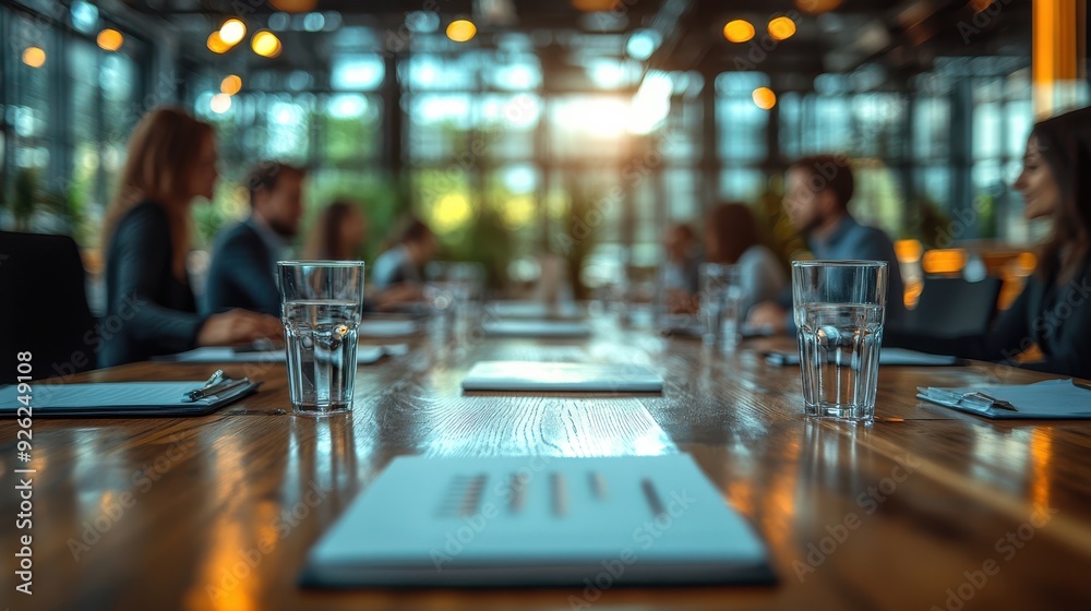 custom made wallpaper toronto digitalBusiness meeting in a modern glass-walled conference room, focus on water glasses and documents on the table, blurred background with colleagues. Professional corporate environment, teamwork.