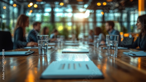 Wallpaper Mural Business meeting in a modern glass-walled conference room, focus on water glasses and documents on the table, blurred background with colleagues. Professional corporate environment, teamwork. Torontodigital.ca