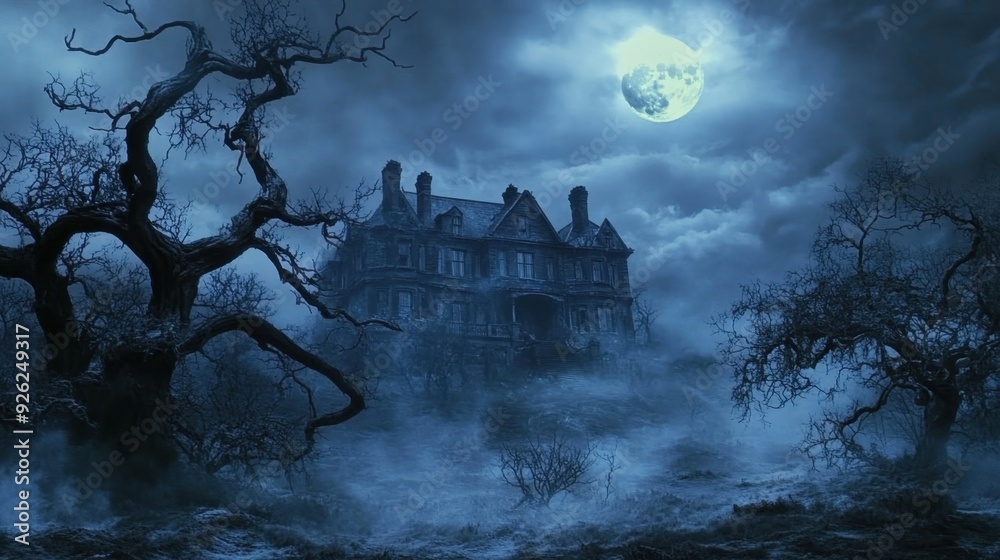 Spooky Haunted Mansion in Foggy Moonlight with Twisted Trees Spooky Haunted Mansion in Foggy Moonlight with Twisted Trees