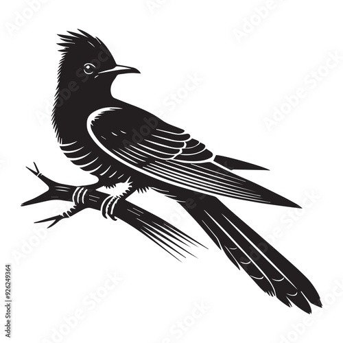 Yellow-billed Cuckoo silhouette, Cuckoo Bird Clipart,  Yellow-billed Cuckoo Perched Raised Crest Illustration in black and white photo