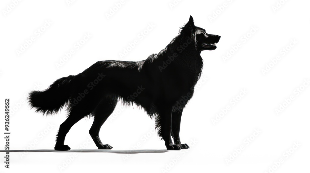 Silhouette of a large dog standing on its hind legs against a pure white background, Silhouette of a large dog standing on its hind legs against a pure white background,