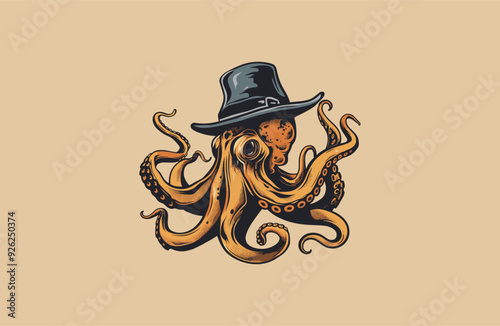 Octopus wears a hat logo vector icon illustration.