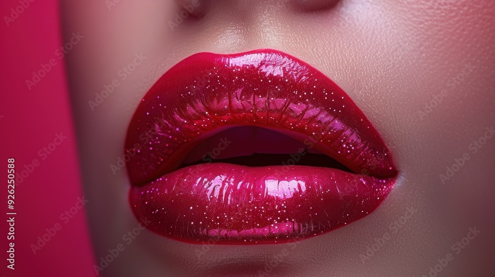 Obraz premium Glossy red lips with glitter against a vibrant background
