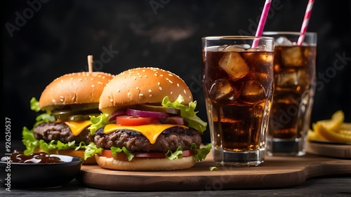 A close-up of a glass of black cola soda or another iced beverage and two hamburgers. A nice American supper or lunch, a cheeseburger and fast food establishment, and an unhealthy fast food meal