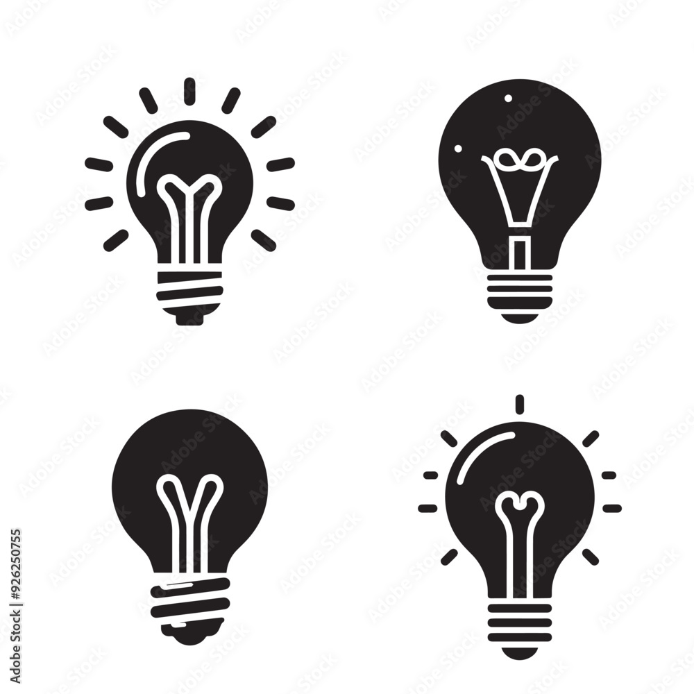 Vector Light Bulb Silhouette Icon Set for Energy, Illumination, and Lighting Illustrations Vector Light Bulb Silhouette Icon Set for Energy, Illumination, and Lighting Illustrations