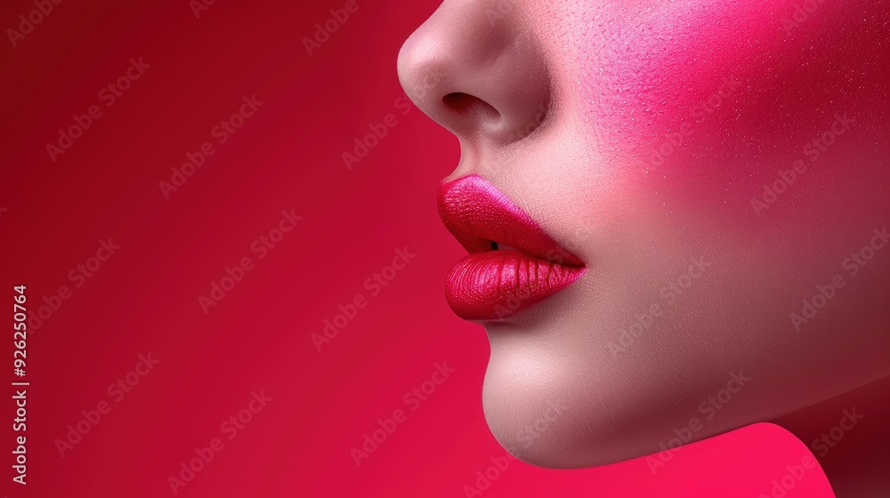 Close-up of a model's lips with bold red lipstick and pink blush against a vibrant background Close-up of a model's lips with bold red lipstick and pink blush against a vibrant background