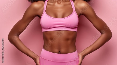 Young woman in a pink sports outfit poses confidently against a pink background showcasing toned abs
