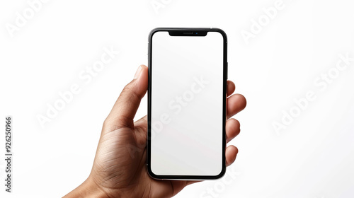 Hand holding smartphone with blank screen