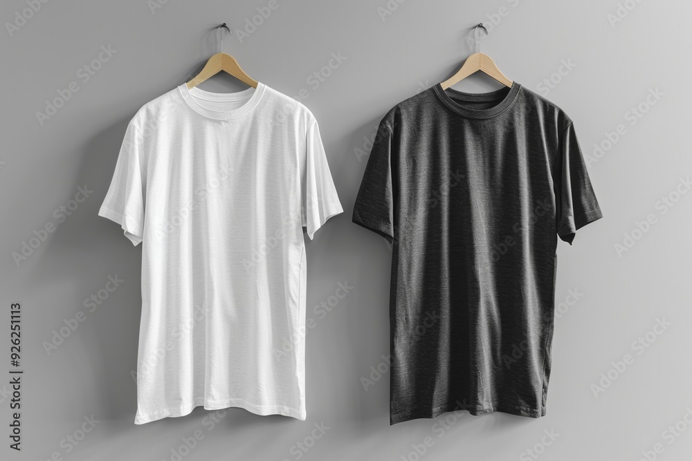 White and black t-shirts hanging on wall White and black t-shirts hanging on wall