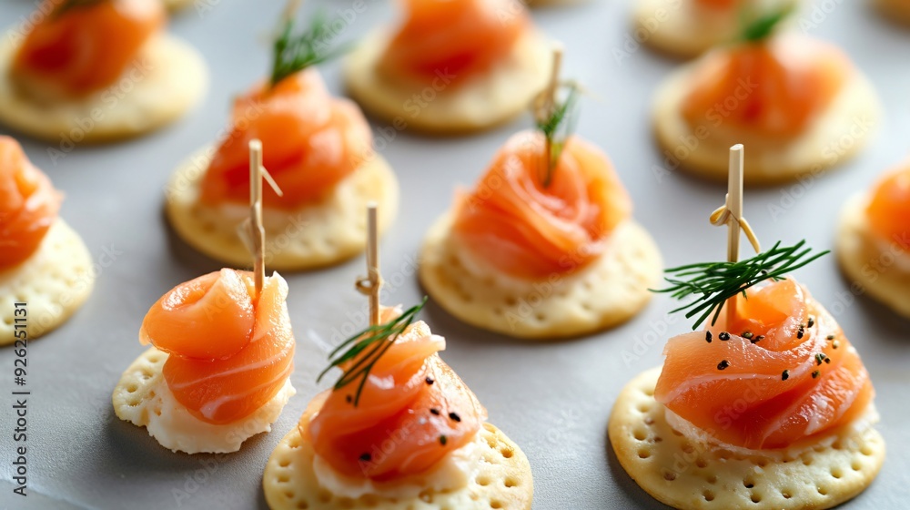 Elegant Salmon Canapes on Light Grey Table Elegant Salmon Canapes on Light Grey Table
