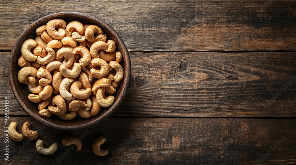 Delicious cashew nuts in bowl on wooden table with space for text Delicious cashew nuts in bowl on wooden table with space for text