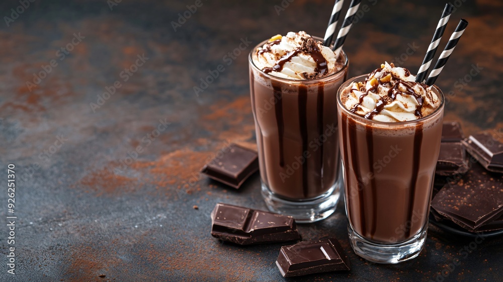 Delicious Chocolate Milk and Syrup Cocktail in Glasses Delicious Chocolate Milk and Syrup Cocktail in Glasses