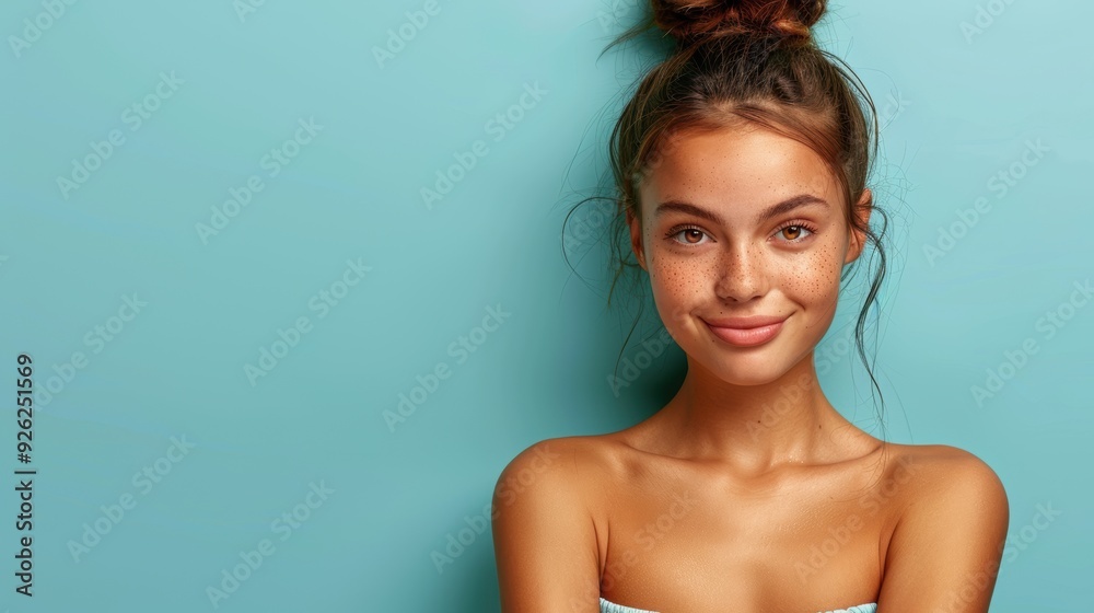 Obraz premium Young woman smiling against a light blue wall, showcasing natural beauty and confidence