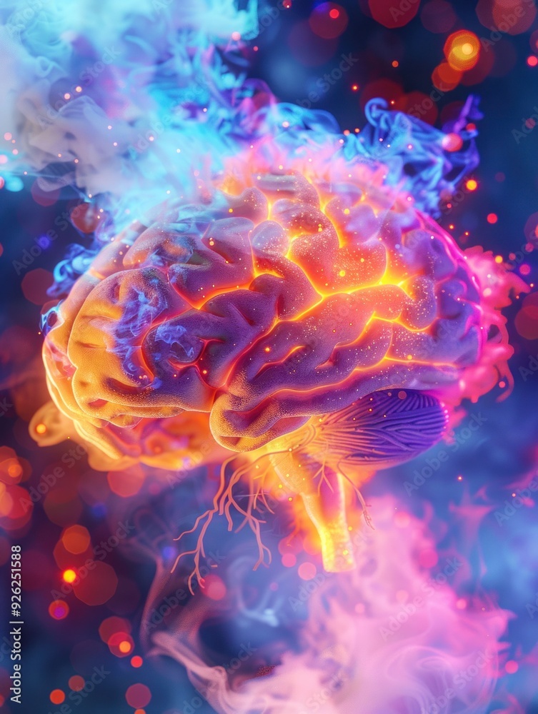 Colorful brain with glowing effects surrounded by vibrant smoke and colorful light patterns
