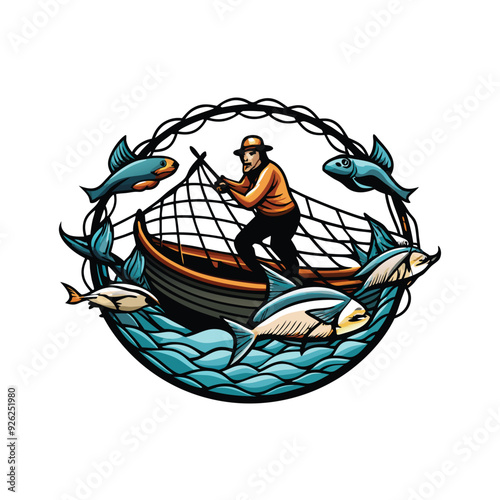 Illustration of a fisherman in a boat pulling a net full of fish, surrounded by waves and fish jumping out of the water.