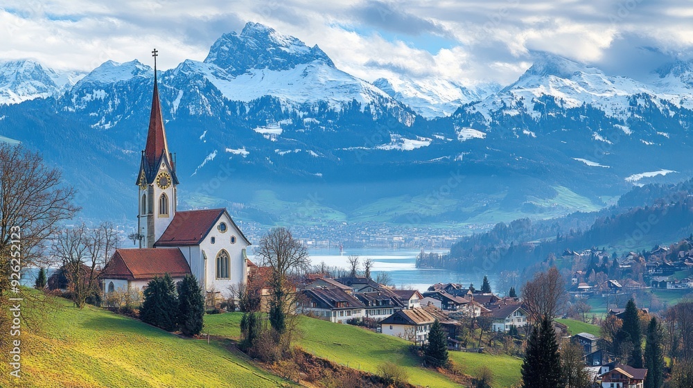 Church with snow capped mountains, Lake and village Church with snow capped mountains, Lake and village