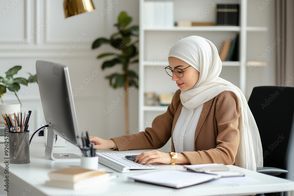 Successful Businesswoman Wears Hijab Smiling at Desk Successful Businesswoman Wears Hijab Smiling at Desk