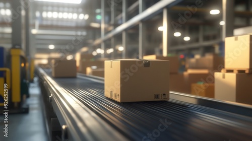 Cardboard boxes move along a conveyor belt in a bustling warehouse, showcasing logistics activity and efficient packaging processes