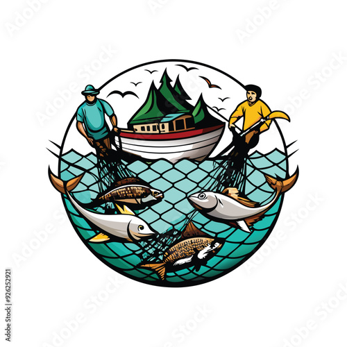 Illustration of two fishermen pulling a net full of fish from the ocean, with a boat and a background of a coastline and seagulls.