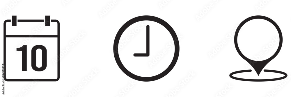 Date calendar, map pin location, and clock time icon vector on black circle Date calendar, map pin location, and clock time icon vector on black circle