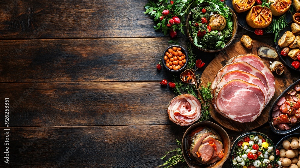 Delicious Ham and Other Gourmet Delicacies on Wooden Table Delicious Ham and Other Gourmet Delicacies on Wooden Table