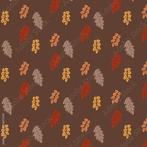 Autumn various isolated leaves set pattern in orange, brown, yellow colors in flat on brown background for packaging, webs, banners, fabric, wrapping papers