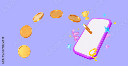 3d purple phone with confetti and flying gold coins on lilac isolated background. Winner concept. Stock vector illustration.