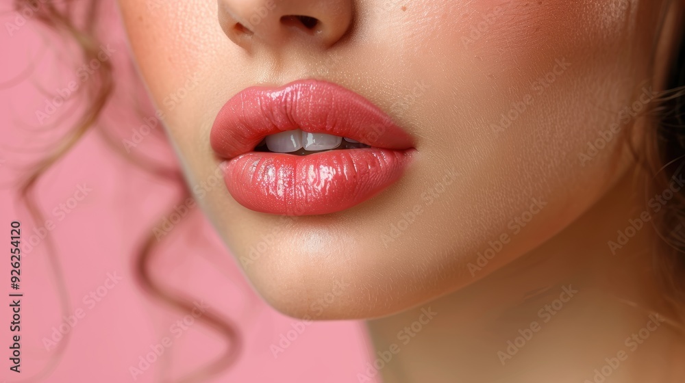 Obraz premium Young woman with glossy lips poses in front of a pastel pink background