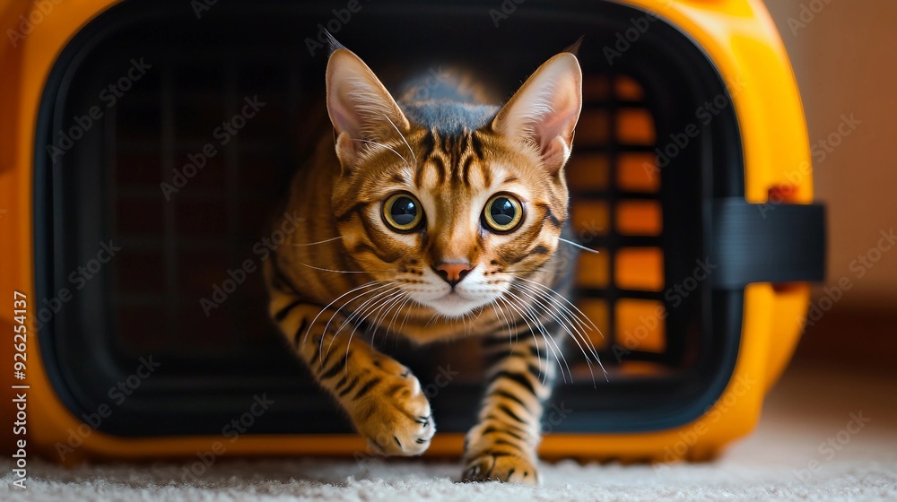 Curious Bengal Cat Emerging from Pet Carrier Ready for Adventure Curious Bengal Cat Emerging from Pet Carrier Ready for Adventure