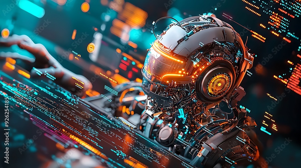 An abstract representation of AI as a glowing robot, surrounded by floating codes and algorithms, symbolizing the merging of human intelligence with technology An abstract representation of AI as a glowing robot, surrounded by floating codes and algorithms, symbolizing the merging of human intelligence with technology