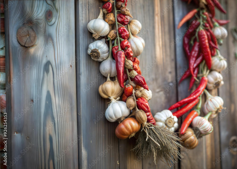 Strings of Dried Garlic and Red Peppers Hanging on Wooden Wall Strings of Dried Garlic and Red Peppers Hanging on Wooden Wall
