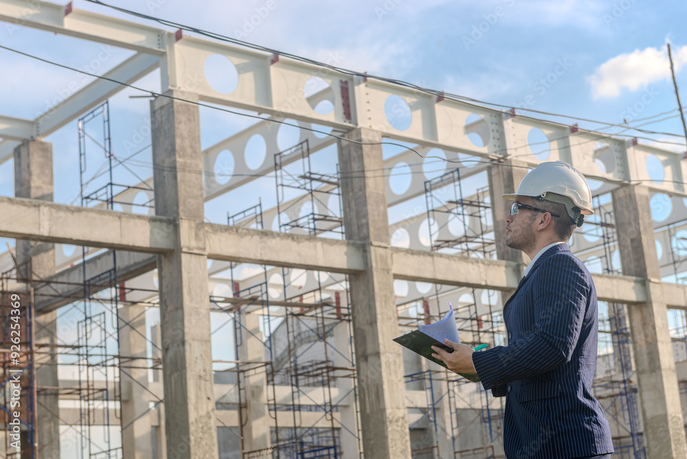 Asian adult foreman stands in front of the construction inspecting a construction project with determination. Engineer inspects construction. Asian adult foreman stands in front of the construction inspecting a construction project with determination. Engineer inspects construction.