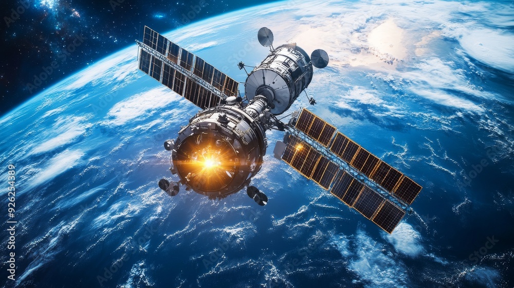 Obraz premium A satellite orbits the Earth, showcasing vibrant solar panels and glowing engines amidst the deep space backdrop