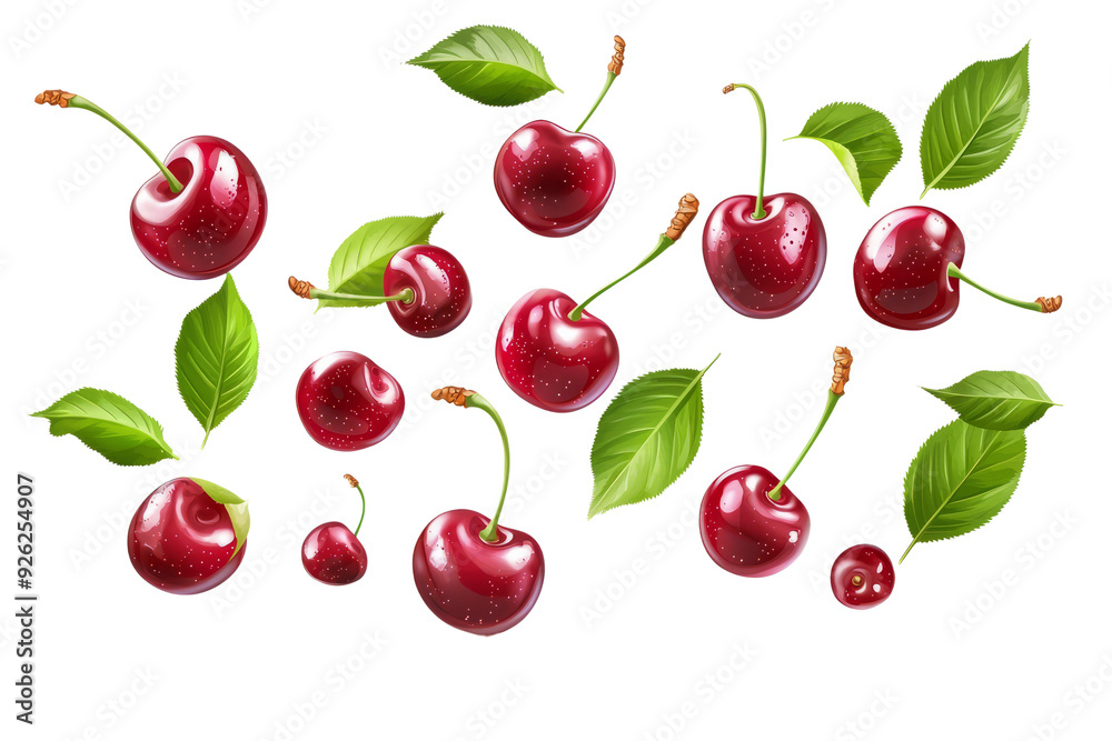 Glossy cherries with leaves in mid-air, vibrant and fresh, isolated on a white background, antioxidant-ric