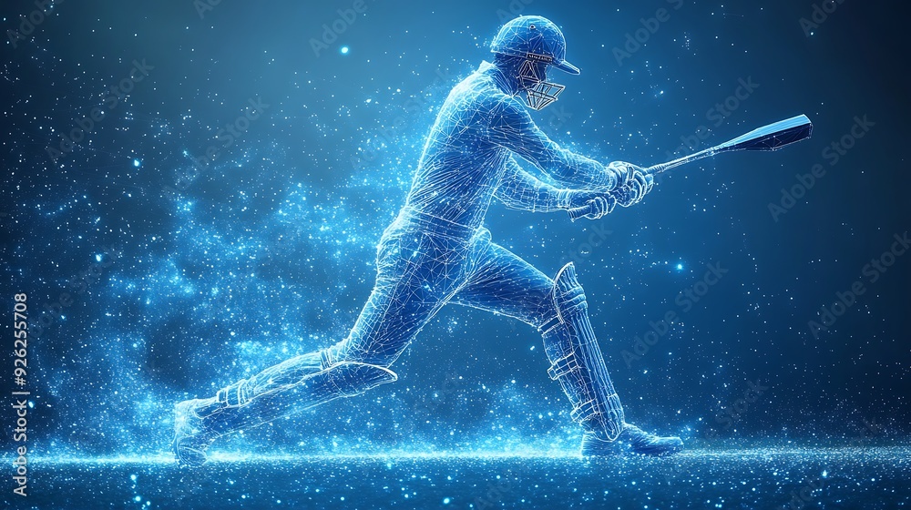 Digital blue low poly cricket player with glowing data streams AI in sports analytics, player performance tracking systems, match prediction algorithms, and training programs. wireframe player design Digital blue low poly cricket player with glowing data streams AI in sports analytics, player performance tracking systems, match prediction algorithms, and training programs. wireframe player design