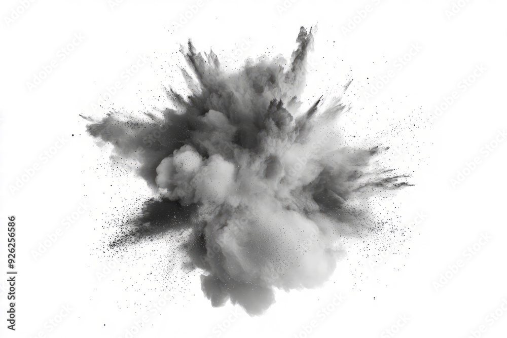A surreal explosion of soft dust particles, creating a swirling cloud effect with shades of gray on white. A surreal explosion of soft dust particles, creating a swirling cloud effect with shades of gray on white.
