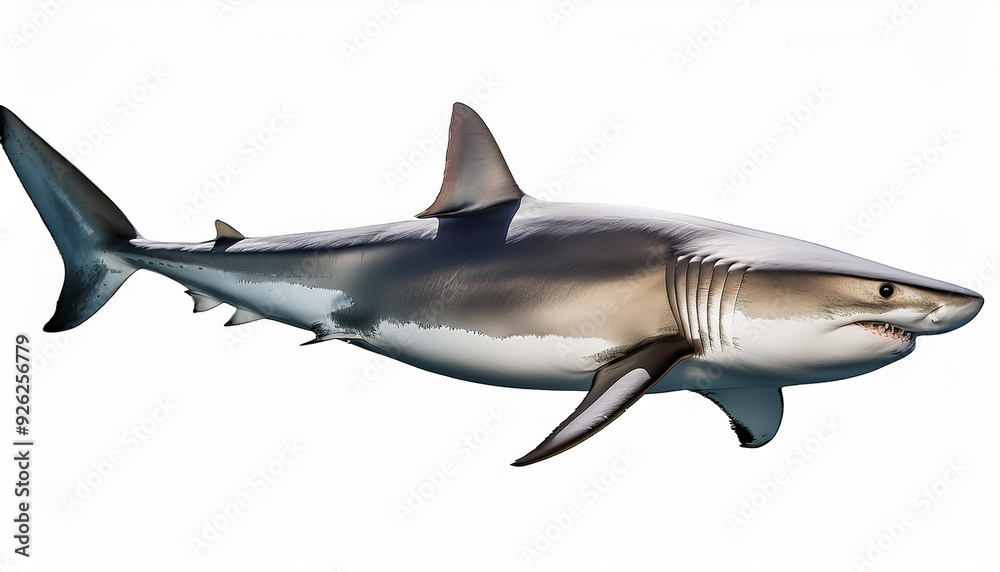 Fototapeta premium サメが横向きに泳いでいる姿が描かれています。サメは鋭い目つきと力強い体を持ち、滑らかな銀色の肌が特徴です。背景は白で、サメのフォルムが際立つシンプルで迫力のある構図になっています。generative AI